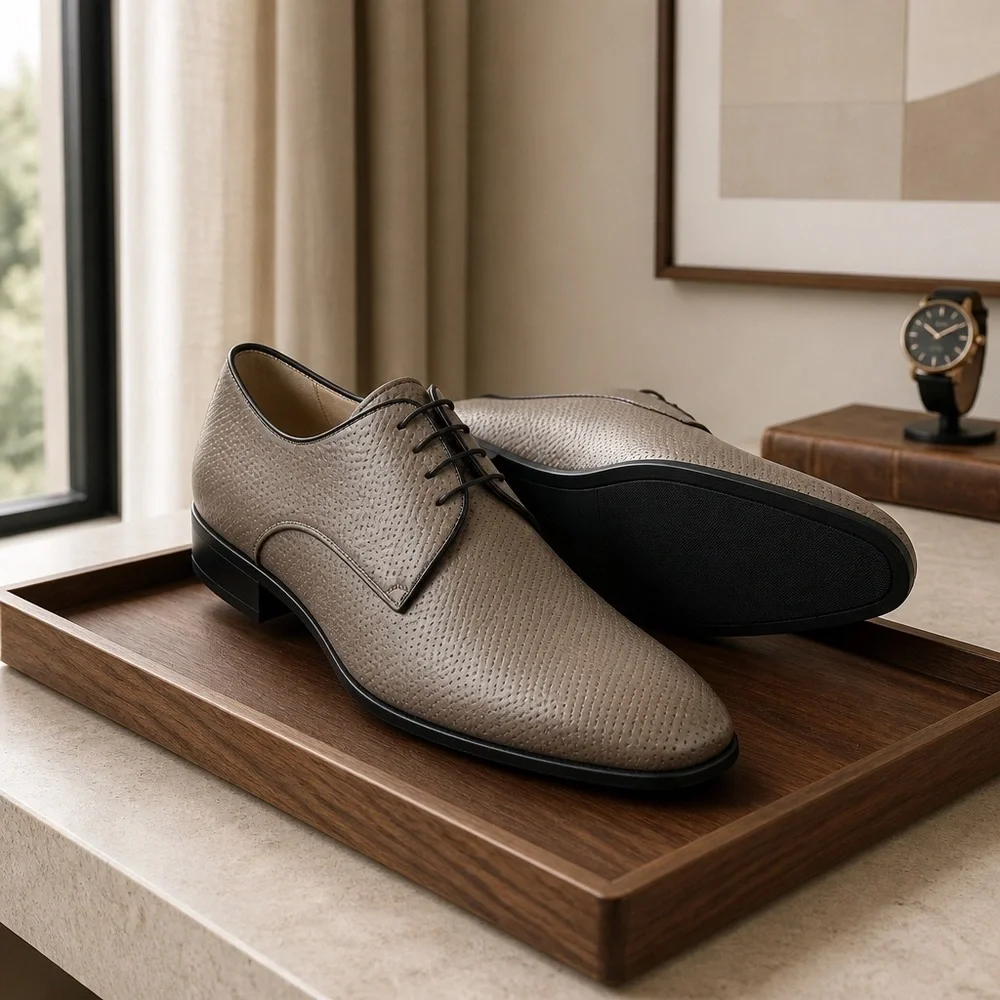 Doucal's Men’s Taupe Perforated Soft Leather Comfort Derby Shoes with Black Trim
